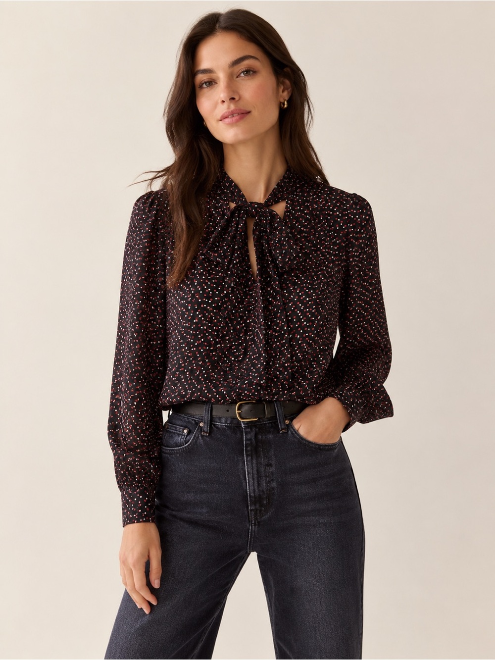 PAIGE Peteluma Polka Dot Tie-Neck Blouse Black Rust White Long Sleeve